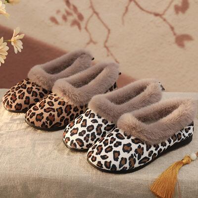 Leopard Print Cotton Shoes Thick-soled Thick Velvet Embroide