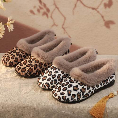 Leopard Print Cotton Shoes Thick-soled Thick Velvet Embroide