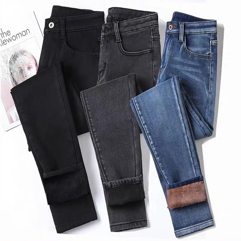 Women velvet jeans stretch high waist winter warm pants 女裤