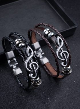 跨境货源欧美流行合金音乐符男士 皮手链木珠PU情侣对扣手链