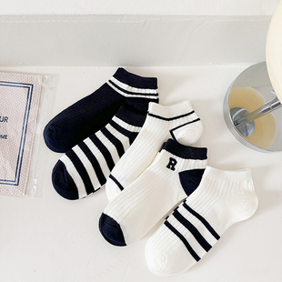 袜子女春秋短袜黑白条纹ins潮无骨袜春夏船袜隐形不掉根棉袜
