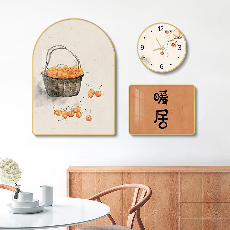 新中式餐厅装饰画饭厅墙面壁画餐桌钟表挂画挂钟现代简约三联画
