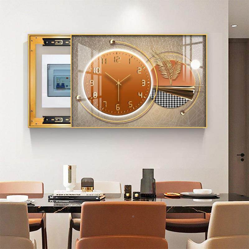 现代轻奢电表箱饰推拉画画带钟表挡免打孔电闸箱挂钟遮装客厅挂配