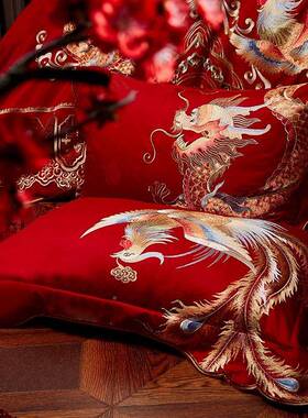 14结0长六绒棉婚庆四件套HFT-1688支全棉纯棉龙凤被大红床上用品