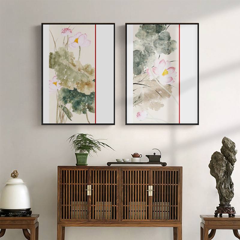 出水芙蓉 新中式荷花清新原木风壁画玄关民宿茶室客厅背景装饰画图片