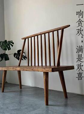 老木长条椅民家榆用休闲长凳橱窗靠背靠椅排椅中式复古宿沙IXZ发