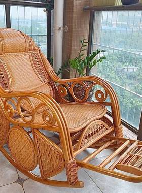 双编枕藤摇椅家用大人躺椅阳摇天58566然真藤老人椅台护腰藤椅Tω
