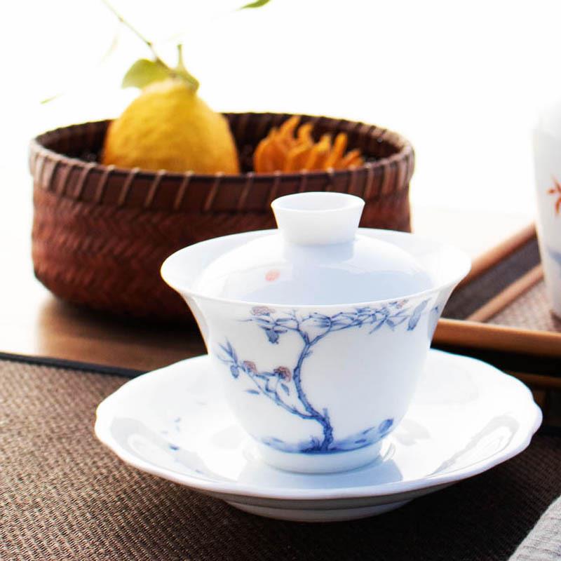 绘白瓷茶碗薄德胎景玉瓷MNA甜白釉釉下彩墨彩手三才盖碗大瓷号陶