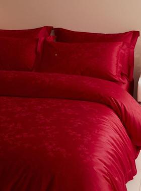 提花婚中式长绒棉四件套SVS婚红色被套结棉床床单床上庆用品品一