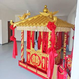 式婚庆ASQ道具大轿撵木雕龙柱金描八抬大花轿迎亲轿子喜中轿