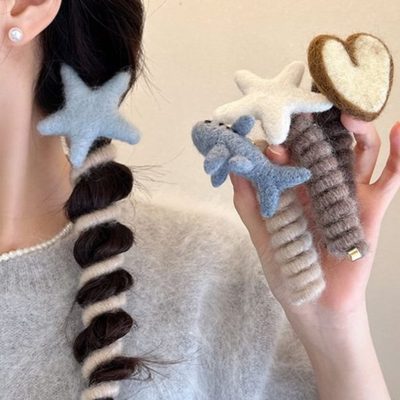 秋冬毛线花朵直条电话线发圈头饰女马尾泡泡辫编发神器头绳橡皮筋