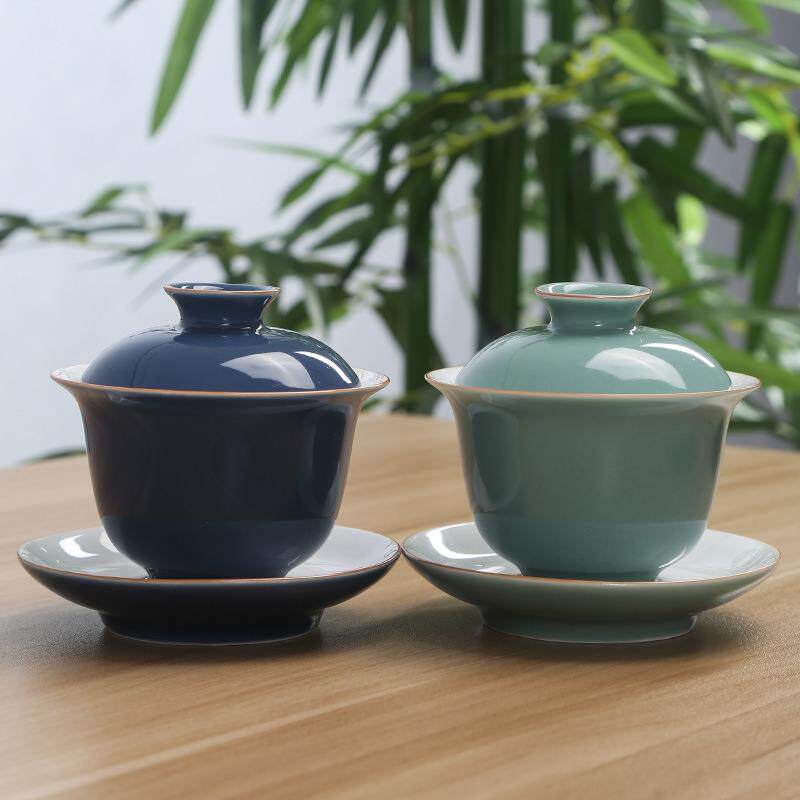 德化白瓷色釉功夫三才盖碗陶瓷茶碗不烫手大号中式茶碗敬茶杯