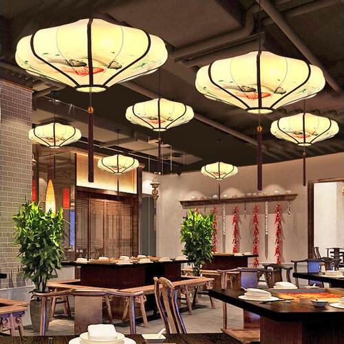 新中式复古手绘布艺吊灯 客厅 酒店茶楼卧室餐厅过道楼梯工程灯具