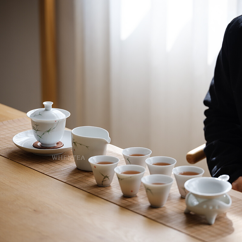 |景德镇市青竹功夫茶具套装纯手绘整套高档白瓷陶瓷盖碗茶杯