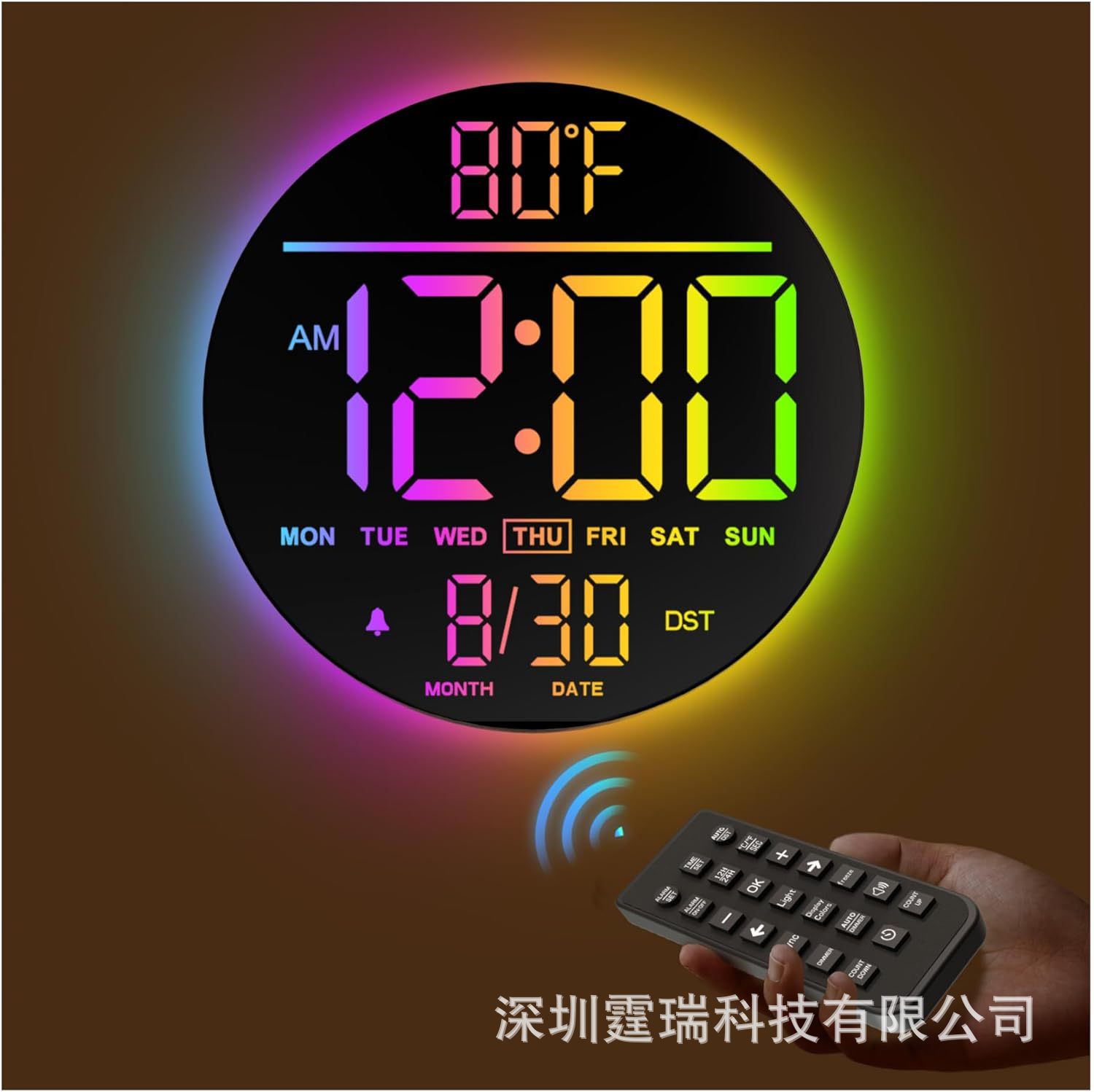 10 英寸屏幕大型数字挂钟带定时器调光器LED显示屏8种炫彩色闹钟