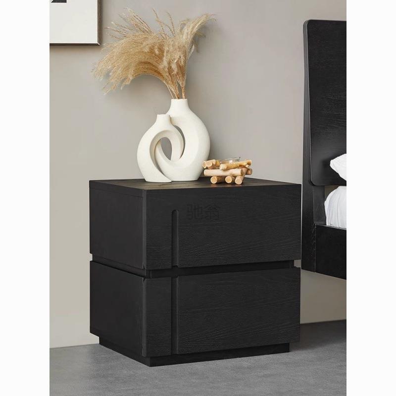 3l意式极简黑色床头柜实木床边柜实木卧室抽屉储物柜