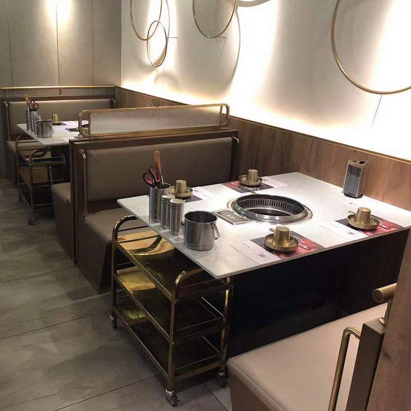 多人位火锅店卡座沙发餐桌组合隔断不锈钢沙发电磁炉火锅桌椅