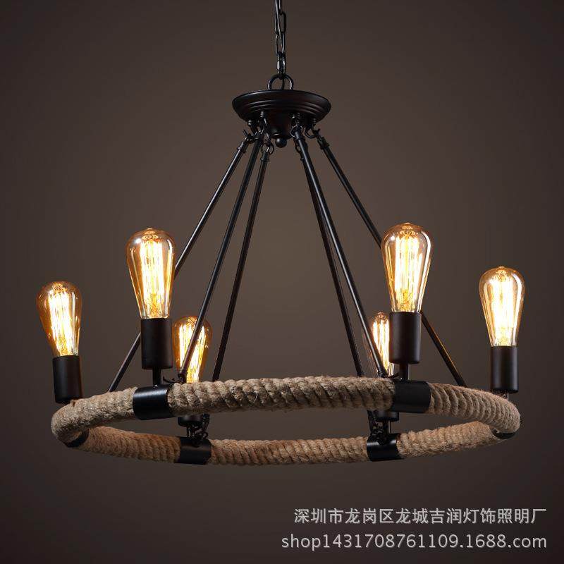 田园美式乡村复古麻绳吊灯创意个性艺术吊灯客厅餐厅饭厅铁艺灯具