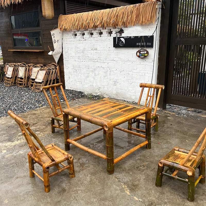 XM手工桌椅组合户外庭院茶几竹编围炉煮茶桌子家用复古餐桌椅阳台