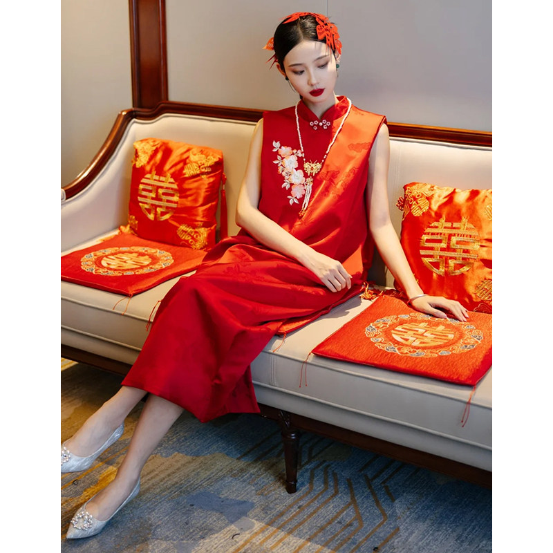 速发新中式袍袖晨无敬酒服订婚礼服裙孕妇红色旗纸新娘剪袍大码