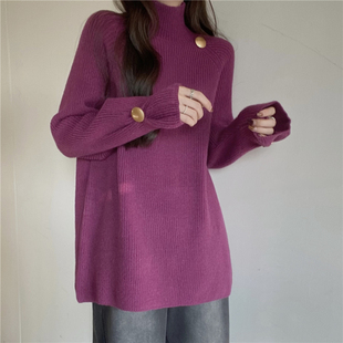 速发紫色半高屁针织毛衣遮冬季外穿中长款秋领股下装消失打底衫上