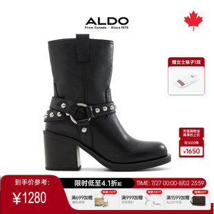 商务时尚 ALDO复古女靴中帮铆钉高跟西部靴牛皮女鞋 ABAF24A17