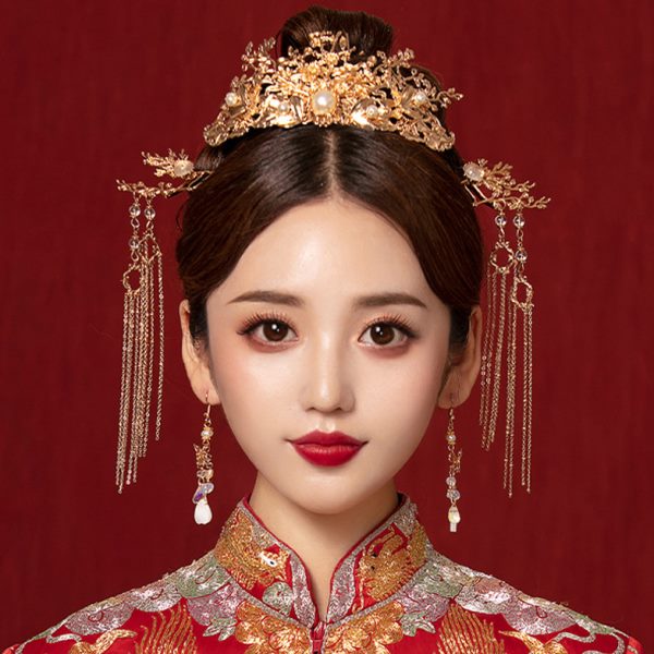 金色秀禾头饰2024新款新娘结婚高级简约大气中式秀禾服发饰凤冠女