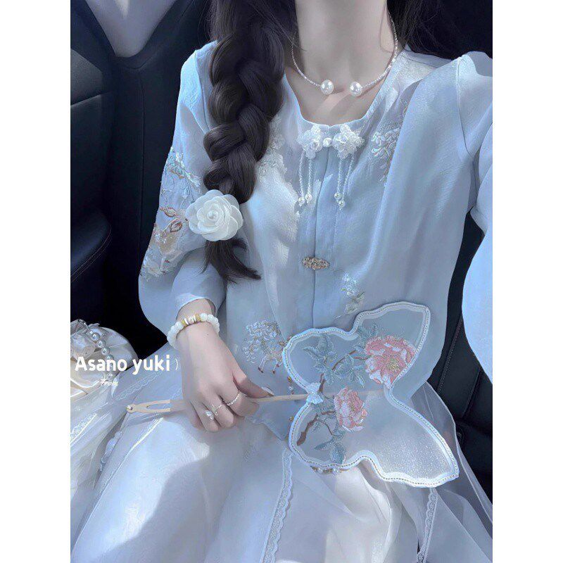 速发新中式国风套装盘季小个子设计感气质夏扣上衣半身长裙子三件