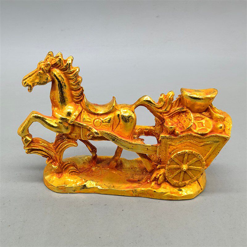 速发公金铜合金马上元宝福财车马拉发财有钱生肖马开运摆件办鎏室