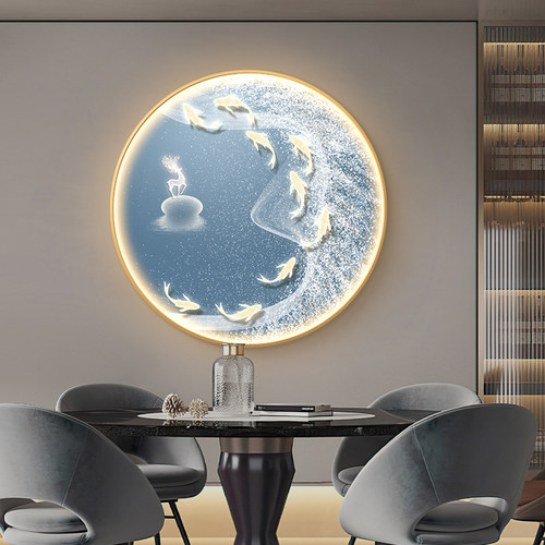 速发九鱼图入户玄关装画画灯画轻奢餐厅挂圆高级感饰形发光画