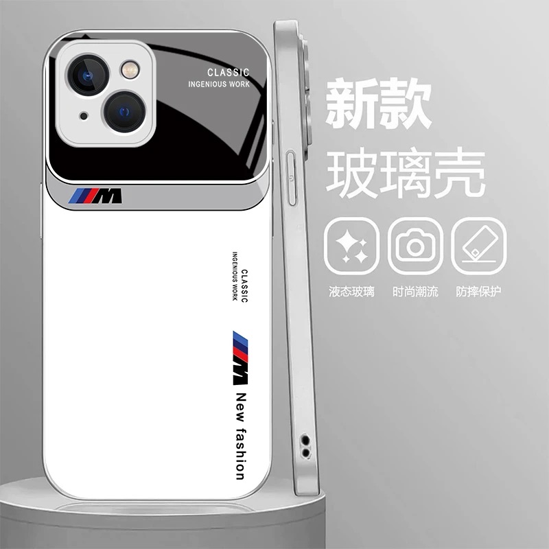 简约宝马玻璃壳适用苹果14手机壳新款简约高级感iPhone16/15/13外壳时尚商务全包防摔ip14Promax手机套男款