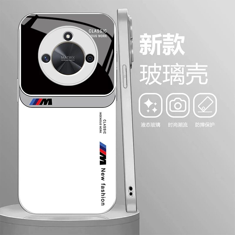 简约宝马玻璃壳适用荣耀x50手机壳新款简约高级感荣耀x60/x40外壳时尚商务荣耀300/90全包防摔好看手机套男款