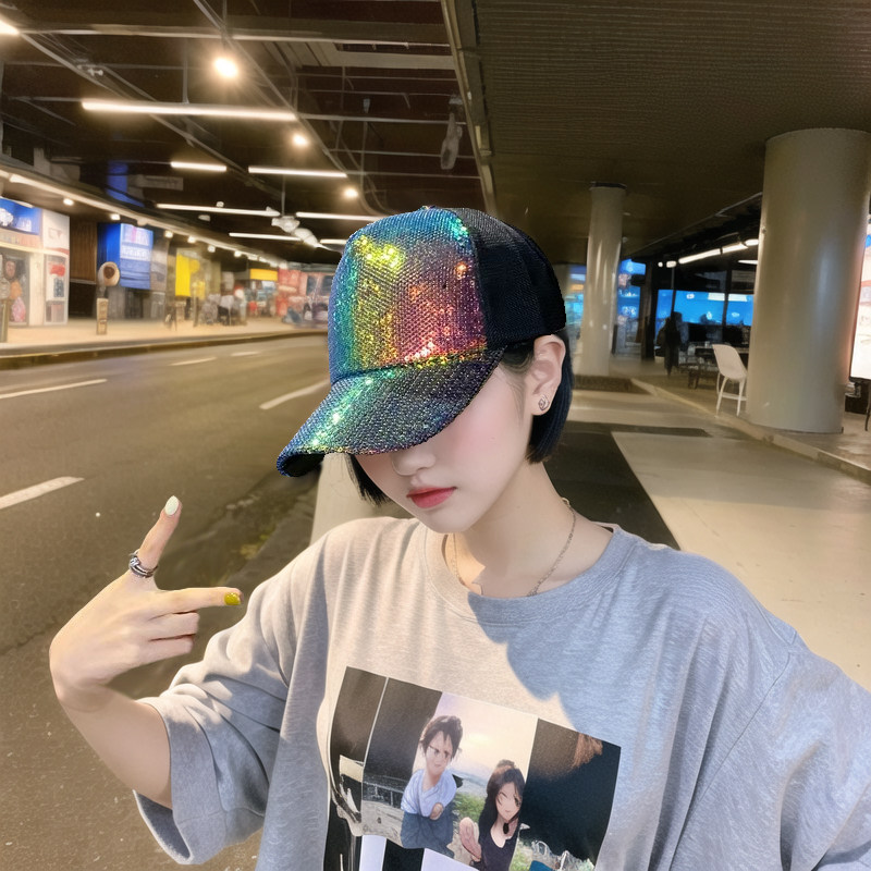 帽子女款2024新款亮片网帽鸭舌帽韩版网纱透气棒球帽防晒遮阳帽潮