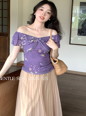 秀熙熙2025夏款法式甜辣荷叶边一字领雪纺衫碎花短袖女衬衣89393