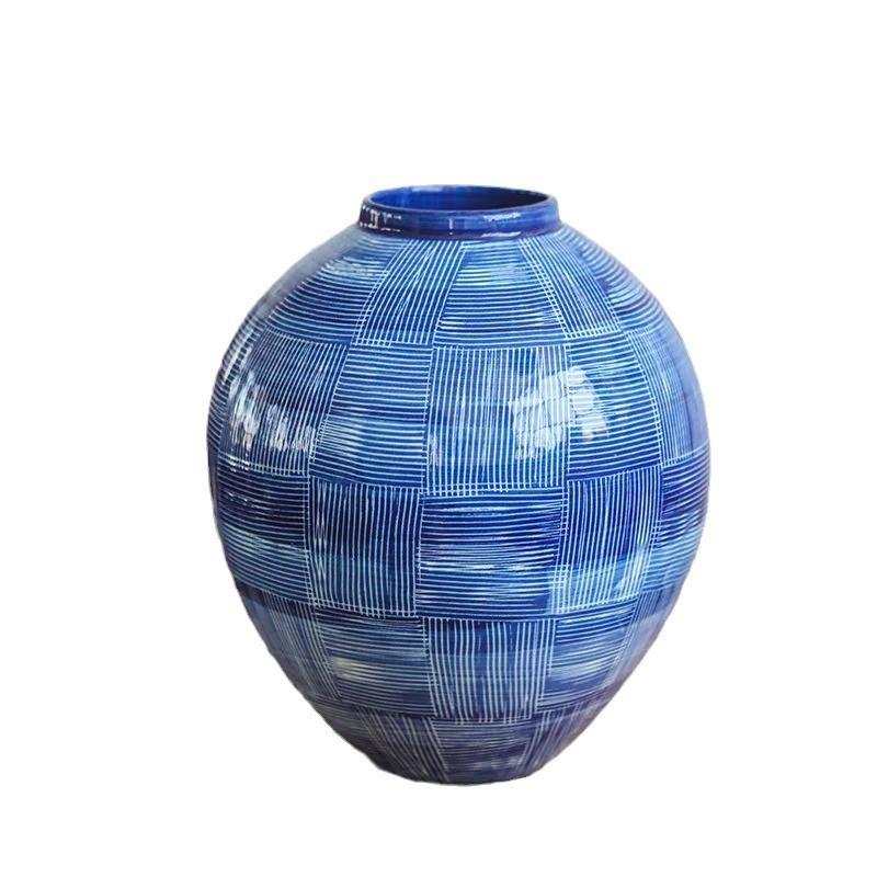 蓝境青花釉圆肚花瓶陶瓷花器青花瓷客厅摆件新中式摆设品