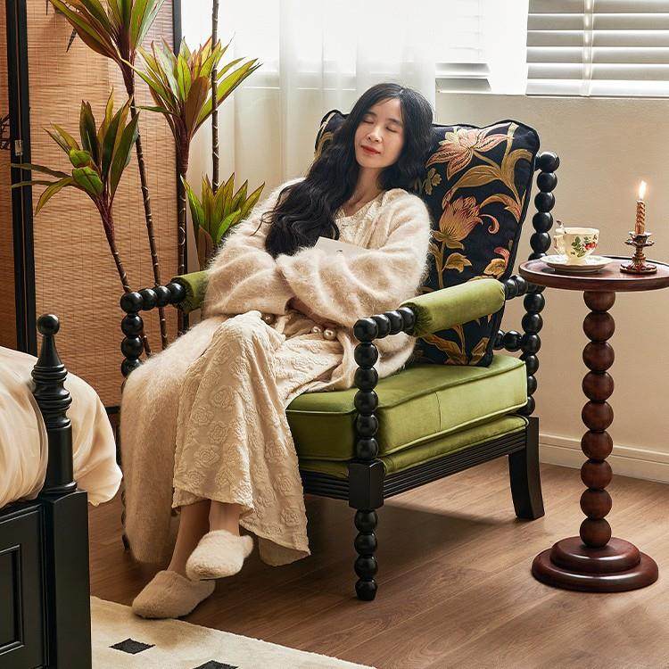 法式黑色珍珠椅复古高级感美式实木单人休闲沙发椅客厅提花布艺凳