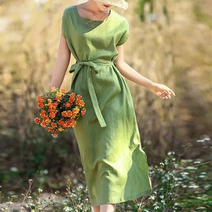 速发森系棉麻宽松连衣裙夏2子2新款 气质0龄亚麻裙子小个减长裙