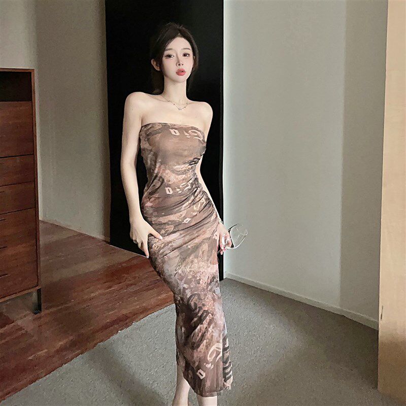 速发性感优雅一字领低胸收腰名媛气质紧身包臀裹胸花色长款开衩连