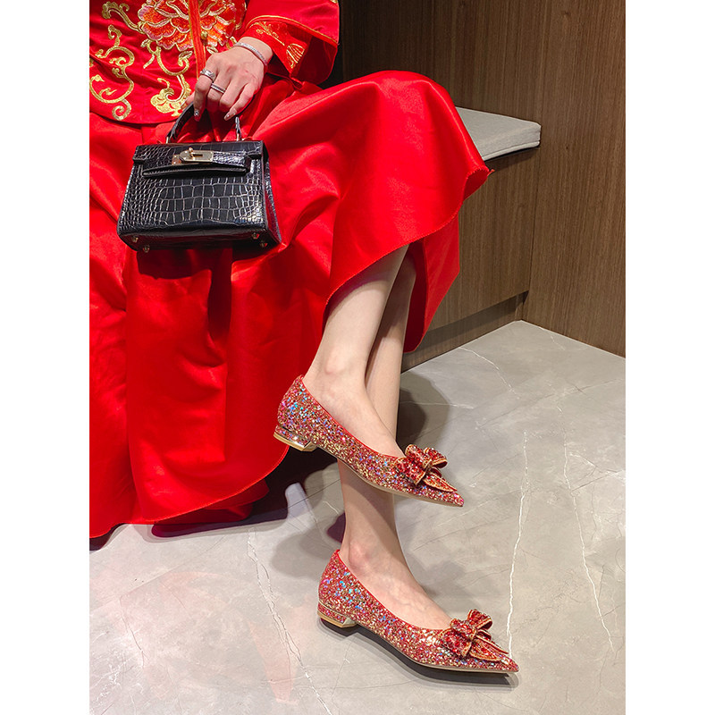 速发婚鞋秀禾主婚纱两穿新娘鞋子法式花朵红色水晶平底鞋不累脚高