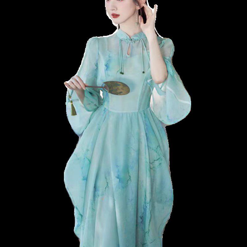 速发古筝演出服成人新中式装改良汉服连衣裙子古风茶服茶艺师仙气