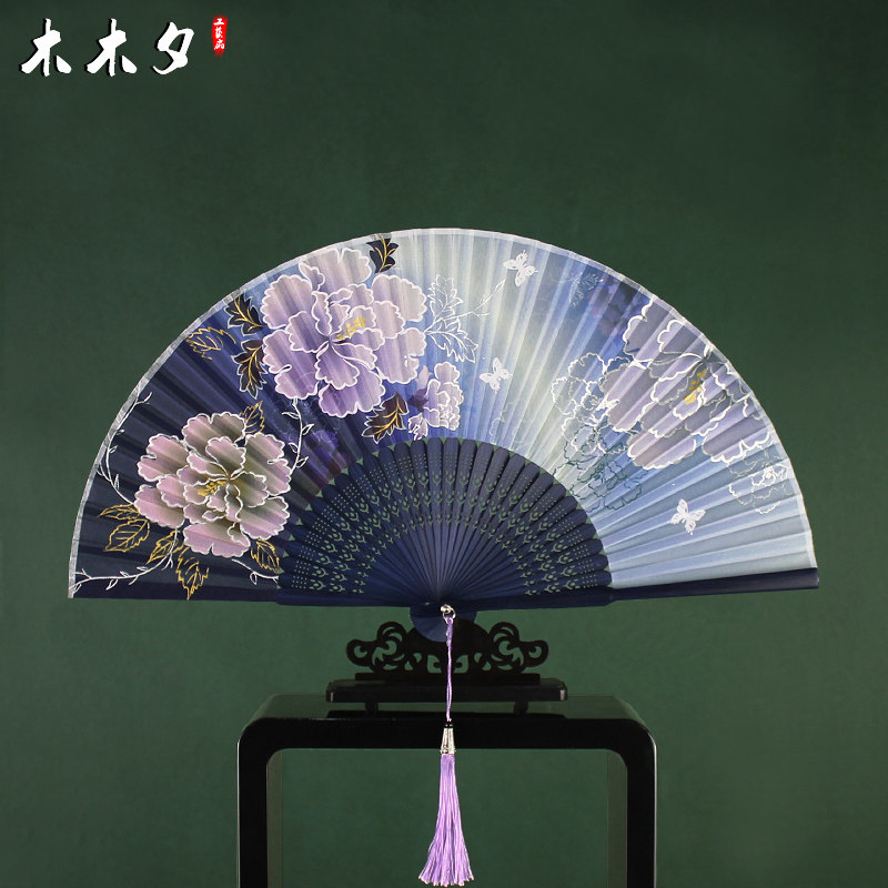 速发木木夕6寸式扇子子扇中国风牡夏花扇子丹季折叠小扇折工艺折