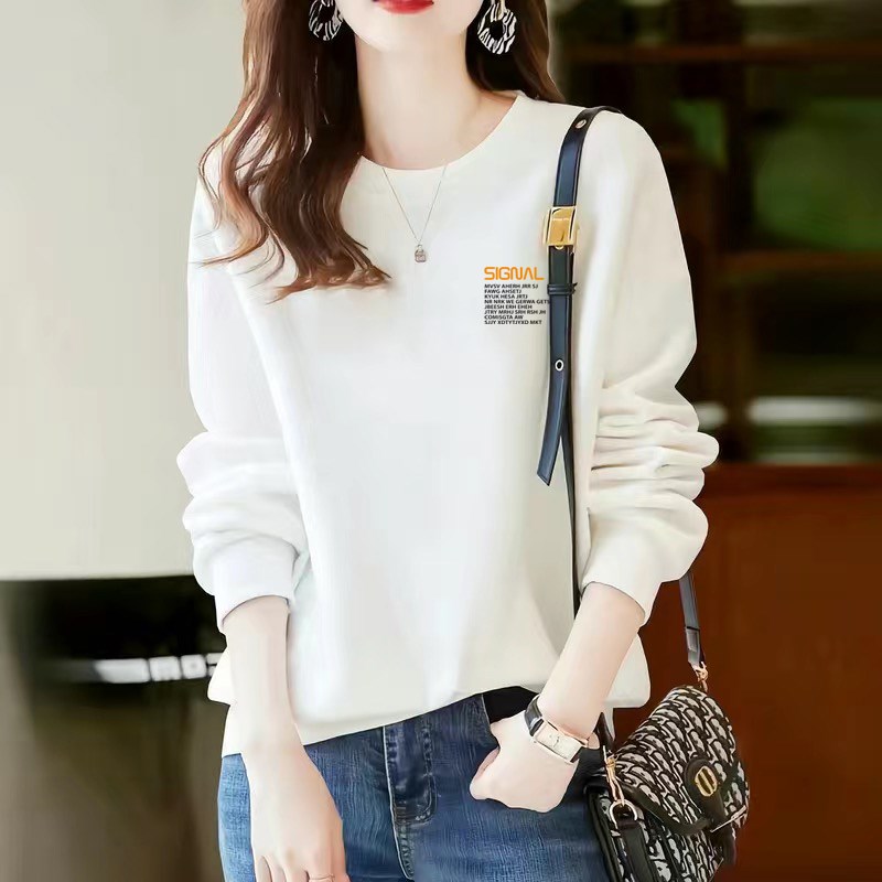 速发加秋加厚圆领宽衣2024新款春绒纯棉卫松打底衫长袖休闲印花上