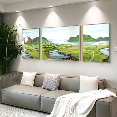 速发绿奢客厅装饰画小清新抽象三沙山水画轻色风景联发背景墙挂画