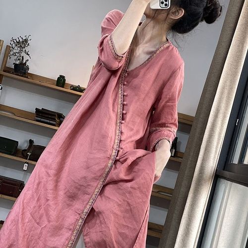 速发民族宽春秋装刺绣改良旗袍v领棉麻连衣裙风松式长款中中盘扣