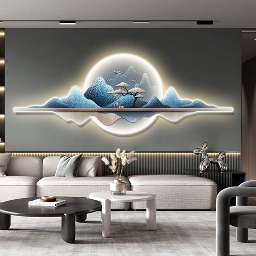 客厅壁饰现代轻奢感装饰画带发光灯画新中式墙壁挂画挂件水晶