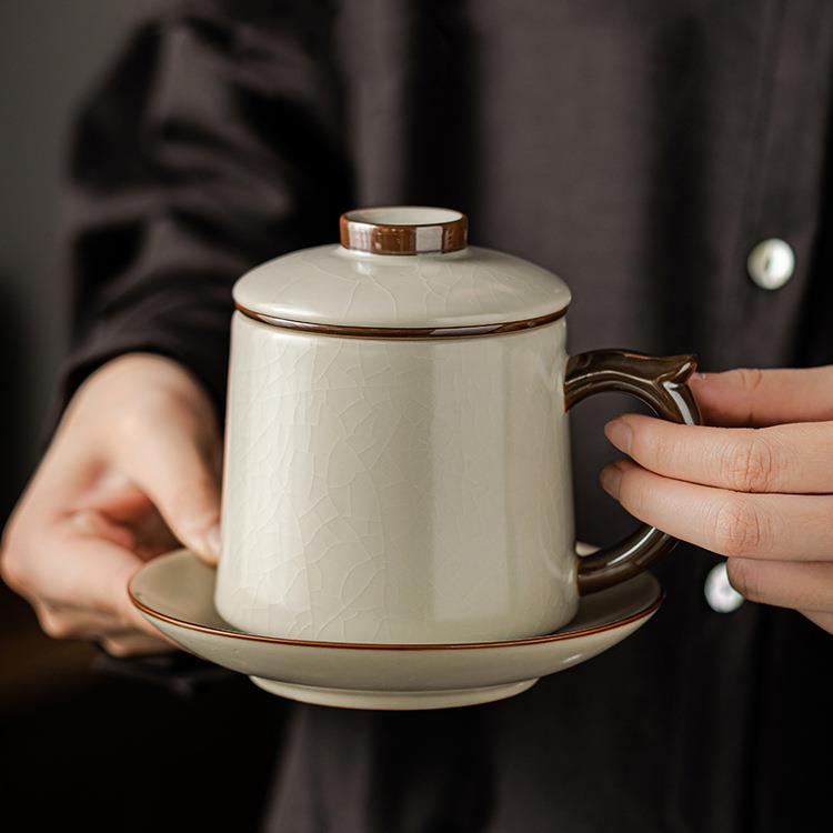 马克杯汝窑办公杯个人专用茶杯陶瓷泡茶杯茶水分离杯办公室汝瓷水