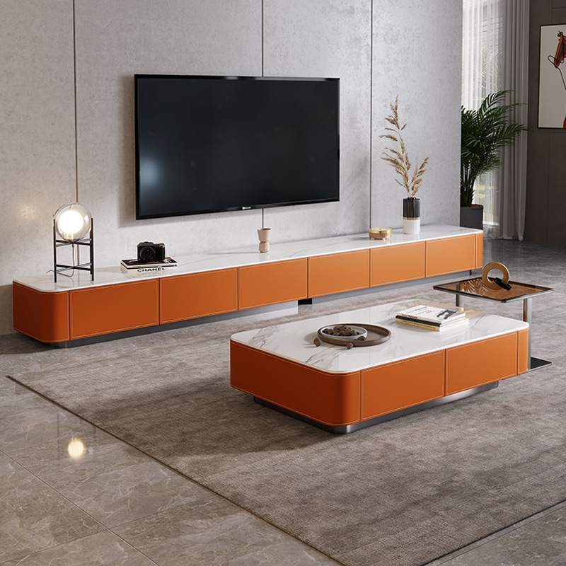 马鞍皮加长4米电视柜茶几组合别墅家用长款岩板电视柜意式地柜