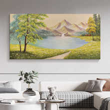 玄关湖泊挂画客厅沙发背景墙树木装饰壁画聚宝盆山水风景手绘油画