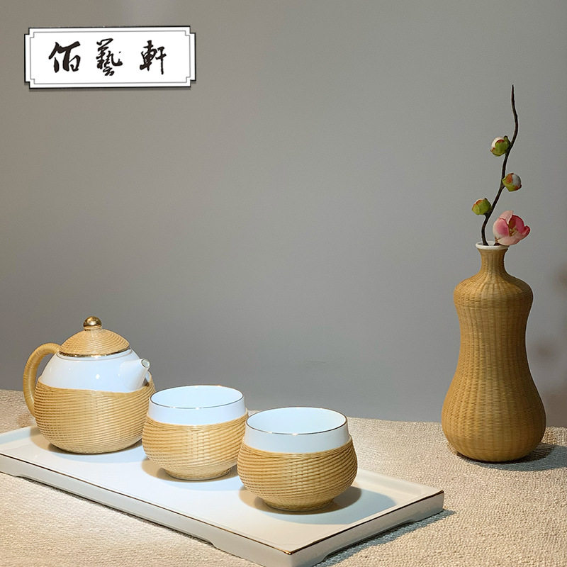 佰艺轩东阳手工竹编竹丝家用茶具三件套厂家直销