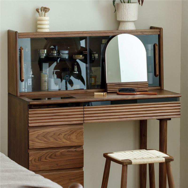 北欧简约全实木化妆桌日式黑胡桃木卧室家用斗柜梳妆台一体多功能
